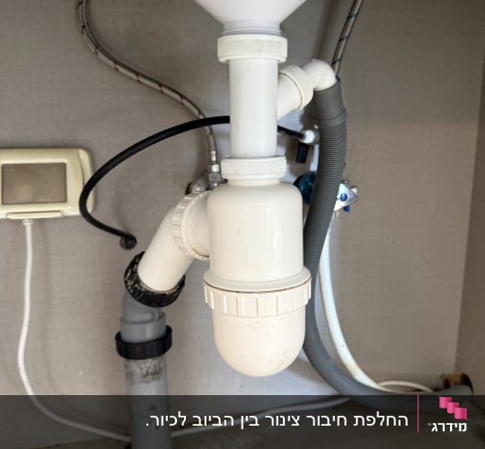 צנרת פלסטיק מתחת לכיור עם חיבורים שונים